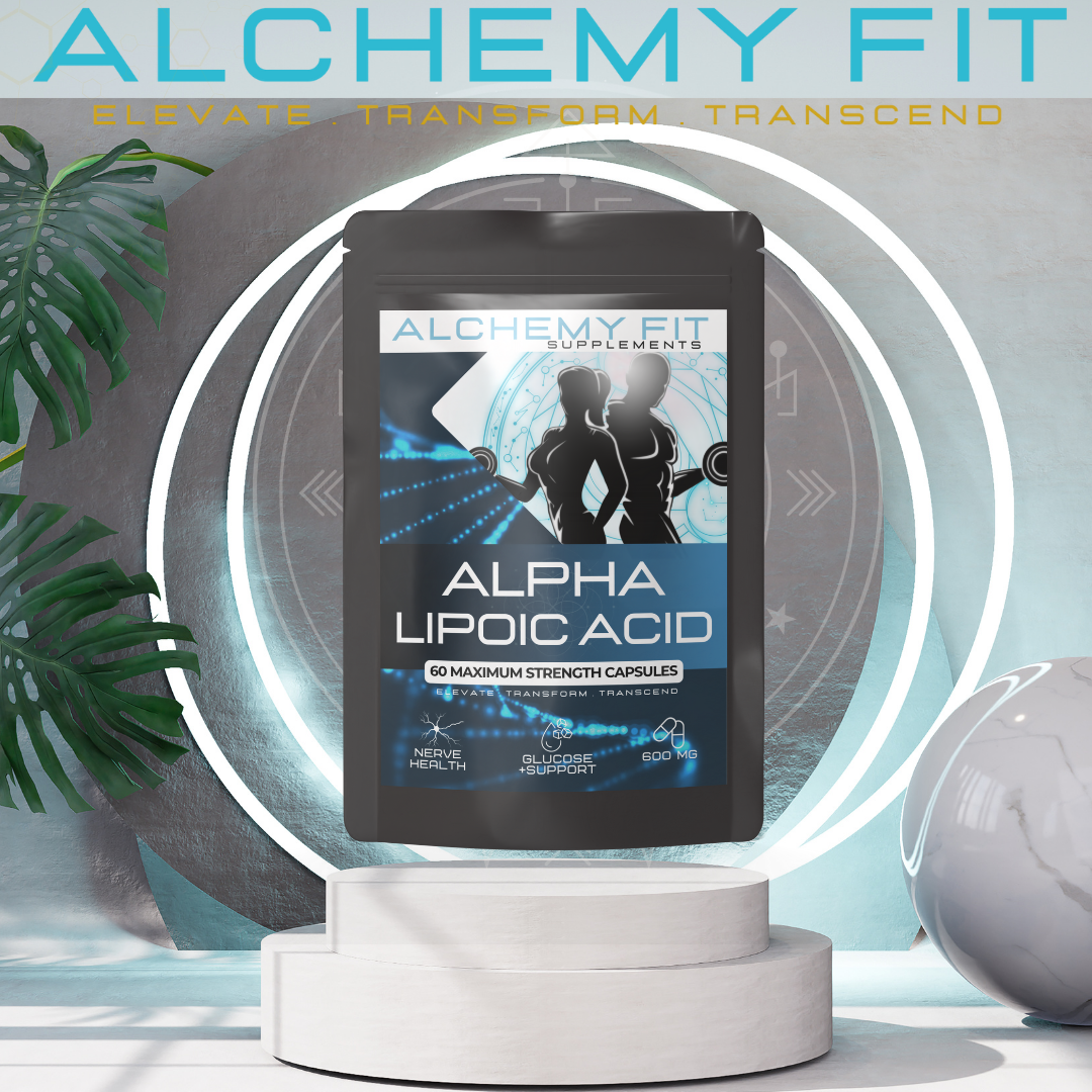 Supplement package labeled 'Alpha Lipoic Acid' by Alchemy Fit on a white pedestal with a mystical background.