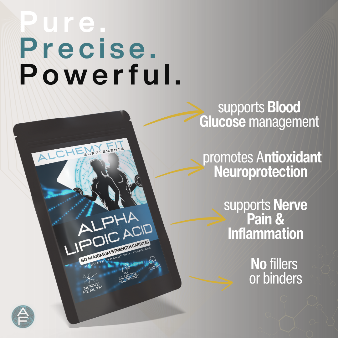 Alpha Lipoic Acid supplement package with benefits listed on a gray background