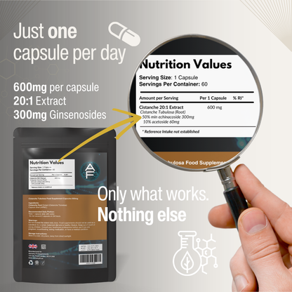 Cistanche 500mg | 20:1 Cistanche Tubulosa Extract | Longevity & Testosterone | Vegan Capsules