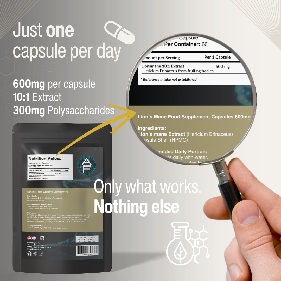 Lion’s Mane Mushroom 500mg – 20:1 Herbal Extract | Hericium Erinaceus | Vegan Capsules
