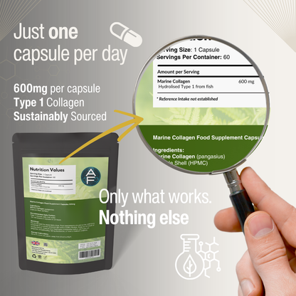 Marine Collagen 600mg | Type 1 Peptide Extract | Skin, Joints & Anti-Ageing | Vegan Capsules