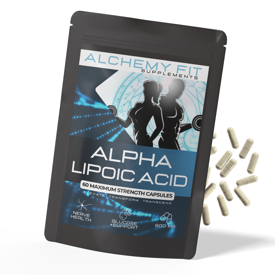 Alchemy Fit Supplements Alpha Lipoic Acid package with capsules on a white background